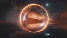 Abstract Futuristic Fantasy Desert Landscape, Fiery Circle, Neon Circle. Gloomy Clouds, Clouds, Light Circle. Sci-fi Landscape Of An Alien Planet. Unreal World. 3D Illustration.