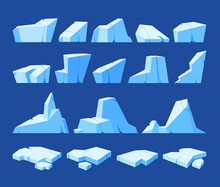 Set Of Icebergs, Frozen Ice Floe Blocks, Blue Iced Snowdrift Caps. Ice Lumps Or Cubes With Facets, Slippery Surface