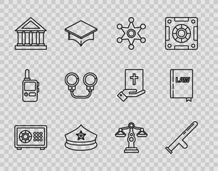 Poster - Set line Safe, Police rubber baton, Hexagram sheriff, cap with cockade, Courthouse building, Handcuffs, Scales of justice and Law book icon. Vector