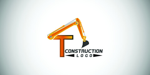 T letter construction logo with  Excavator design