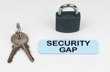 Poster - On a white surface there is a lock, keys and a blue sign with the inscription - Security gap