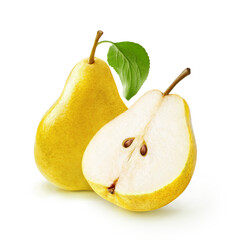 Poster - Yellow pear with pear leaf and half of pear isolated on white background.