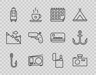 Sticker - Set line Fishing hook, Photo camera, Calendar, Radio with antenna, Suitcase, Flare gun pistol, Lighter and Anchor icon. Vector