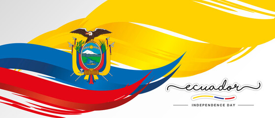 Wall Mural - Ecuador Independence day, handwritten lettering calligraphy, abstract flag of Ecuador white background banner