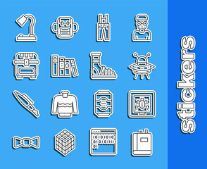 Sticker - Set line Book, Insects in a frame, UFO flying spaceship, Pants with suspenders, Antique treasure chest, Table lamp and Slippers socks icon. Vector