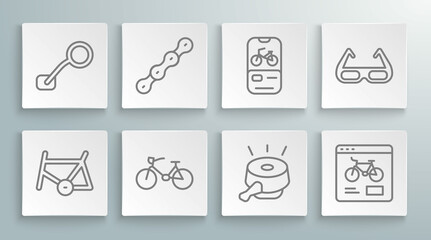 Sticker - Set line Bicycle frame, chain, bell, rental mobile app, Sport cycling sunglasses and rear view mirror icon. Vector