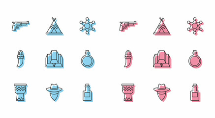 Sticker - Set line Drum, Cowboy, Revolver gun, Tequila bottle, Gold bars, Canteen water, Tooth and Indian teepee or wigwam icon. Vector