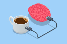 Isometric Coffee Time, Energy From Coffee. Caffeine Addicted Person Charging Battery. Brain