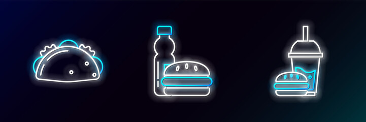 Poster - Set line Paper glass with drinking straw and burger, Taco tortilla and Bottle of water icon. Glowing neon. Vector