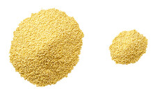 Dry Millet Groats Isolated On White Background Top View. Pile Millet Yellow Grains Isolated On White Background Top View.