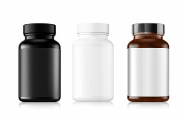 Black, white and amber bottles mockup isolated on white background. Can be used for medical, cosmetic, food. Vector illustration. EPS10.	