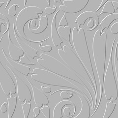 Wall Mural - Embossed floral line art Paisley seamless pattern. Textured white ethnic style grunge background. Repeat vector emboss backdrop. Floral relief ornaments with surface paisley flowers, swirls, lines