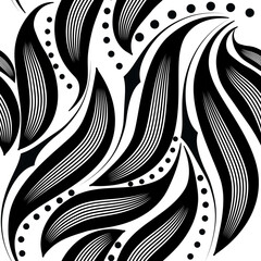 Wall Mural - Hand drawn black and white floral line art seamless pattern.  Vector ornamental ethnic style background. Repeat backdrop. Floral beautiful drawing ornaments with lines flowers, leaves, swirls, dots