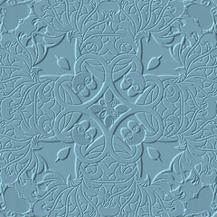 Wall Mural - Light blue textured 3d seamless pattern. Emboss patterned floral background. Vector ethnic style embossed flowers. Repeat relief arabesque ornaments. Decorative design. Endless surface grunge texture