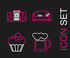 Poster - Set line Wooden beer mug, Muffin, Sofa and Home stereo with two speakers icon. Vector