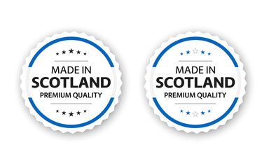 Set of two Scottish labels. Made in Scotland. Premium quality stickers and symbols with stars. Simple vector illustration isolated on white background