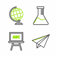 Wall Mural - Set line Paper airplane, Chalkboard, Test tube and flask chemical laboratory and Earth globe icon. Vector