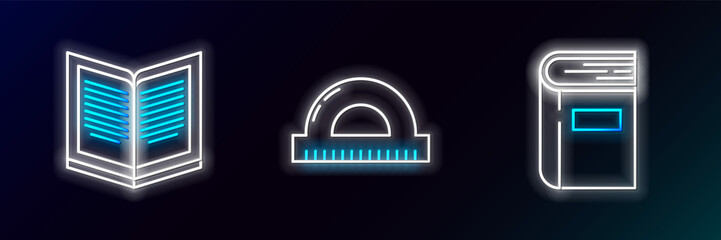 Poster - Set line Book, Open book and Protractor grid for measuring degrees icon. Glowing neon. Vector