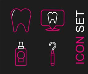 Poster - Set line Dental explorer scaler for teeth, Mouthwash plastic bottle, clinic location and Tooth icon. Vector