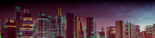 Futuristic City Skyline With Orange And Green Neon Lights. Night Scene With Advanced Skyscrapers.