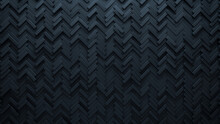 Herringbone Tiles Arranged To Create A 3D Wall. Semigloss, Black Background Formed From Futuristic Blocks. 3D Render