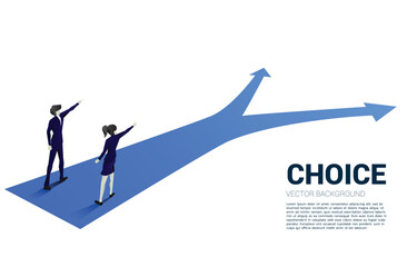 Poster - Silhouette of businessman and businesswoman point finger ahead to the crossroad. Concept of time to make decision in business direction