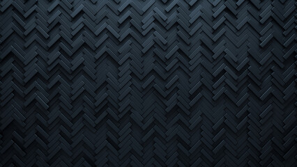 Herringbone Tiles arranged to create a 3D wall. Semigloss, Black Background formed from Futuristic blocks. 3D Render