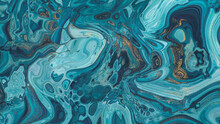 Paint Swirls In Beautiful Teal And Blue Colors, With Gold Glitter. Modern Art Background.