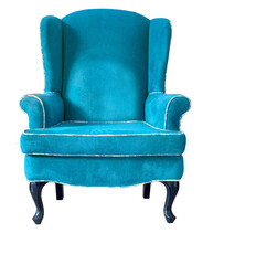 Isolated blue armchair with white edging. Vintage light blue velvet chair on white background. Insulated furniture