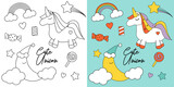 Fototapeta Dinusie - cute unicorn graphic clipart for coloring with star and sweets for decoration