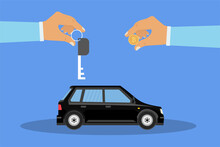 Buying A Car With The Bitcoin Concept With A Car Key Vector. Black Car Exchanging With Bitcoin And Two Human Hands Illustration. Car Buy And Selling Concept With Cryptocurrency Vector Design.