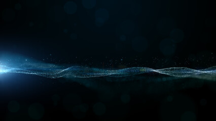 Wall Mural - Digital cyberspace futuristic, Blue color particles wave flowing with lines and dots connection, motion looping abstract background. 3d rendering