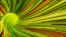 Wavy Neon Lines Tunnel With Green, Yellow And Orange Streaks. 3D Render.