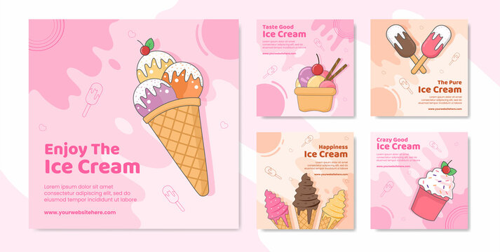 Ice Cream Social Media Post Template Flat Cartoon Background Vector Illustration