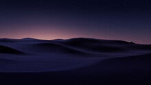 Dusk Landscape, With Desert Sand Dunes. Scenic Modern Background With Pink Gradient Starry Sky