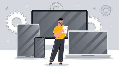 Fototapete - Multi device concept. Man with tablet on background of laptop, computer and other devices. Wireless connection and cloud management of gadgets. Modern technologies. Cartoon flat vector illustration