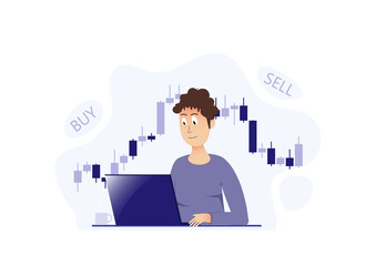 Poster - Stock market modern flat concept for web banner design. Male trader buys and sells on stock exchange, analyzes charts and statistics, invests money.