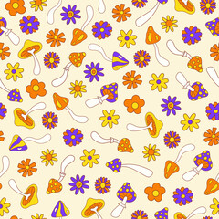 Poster - Retro groovy seamless pattern with flowers and mushrooms on a light background. Vector illustration in style hippie 70s, 80s