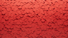 Diamond Shaped Tiles Arranged To Create A Futuristic Wall. 3D, Red Background Formed From Semigloss Blocks. 3D Render