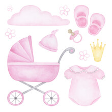 Baby Girl Newborn Accessories Clipart Collection. Watercolor Hand Drawn Baby Girl Illustrations Set. Isolated Clipart Elements On White Background. Design Elements For Nursery, Cards, Invitations..
