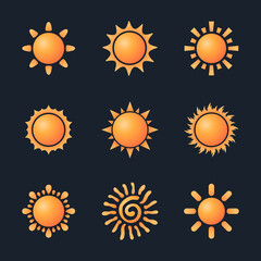 Wall Mural - Sun symbol set. Yellow and orange suns design. Vector illustration.