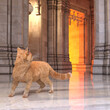 Ginger cat looking back while walking away from bright fire light in one of palace corridors. 3d rendering