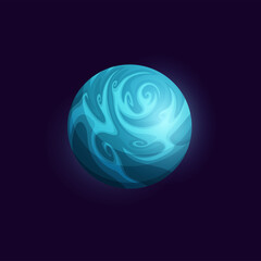Poster - Space planet with blue oceans and icebergs, fantasy galaxy for cartoon game, vector. Alien planet or asteroid star of ice, universe cosmos and fantastic satellite with craters of frozen ice
