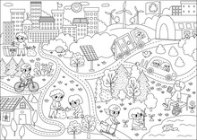 Vector Black And White Eco City Scene. Ecological Town Line Landscape With Alternative Transport, Energy Concept. Green City Illustration With Children Caring Of Environment. Earth Day Coloring Page.