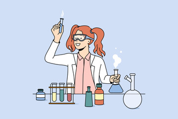 Wall Mural - female scientist working with tubes in laboratory. professional researcher do experiments in lab. sc