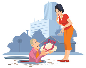 Wall Mural - Man from an open sewer manhole gives surprised girl gift. Illustration for internet and mobile website.