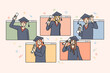 © Dzianis Vasilyeu - Happy students in mantles celebrate college graduation with online studying. Smiling graduates excited about university finish. Remote education concept. Vector illustration.
