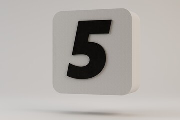 Fototapete - abstract background. white icon with the number 5 in black with a shadow on a white background. 3d render. 3d illustration