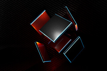 Poster - abstract background. scattered square black plates with white rims on a black background illuminated with red neon light. 3d render. 3d illustration