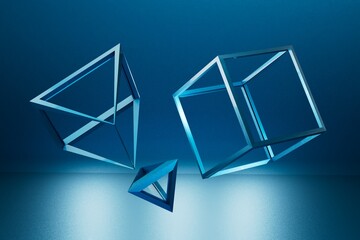 Poster - abstract background. a cube and blue polyhedrons on a blue background from below illuminated with white neon light. 3d render. 3d illustration